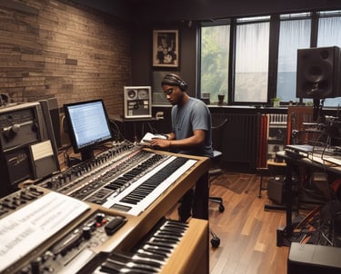 A cozy home studio with a guitar, keyboard, and microphone bathed in warm light.