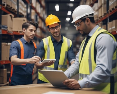 A diverse group of employees engaged in interactive AI-driven training on tablets in a modern workspace.