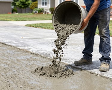 Smooth, freshly poured concrete driveway with clean modern edges in a suburban setting.