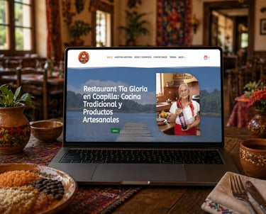 Portátil mostrando la página web del restaurante Tía Gloria, que ofrece comida tradicional mexicana 