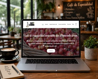 Un portátil muestra la página web de Café Sandino sobre una mesa de madera de una cafetería