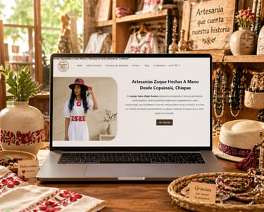 Portátil que muestra una página web de artesanías zoque hechas a mano y ropa artesanal de Copainala