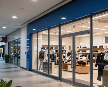 A photograph of a modern retail interior in a North American city, showcasing clean lines, professional blue accents, and an inviting atmosphere.