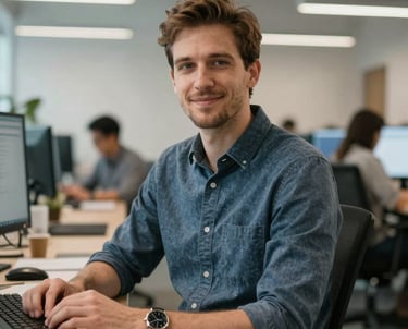 A professional portrait of a tech developer in a modern North American startup office environment.