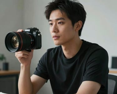 A photograph of a creative professional in a modern North American studio setting, looking focused and approachable.