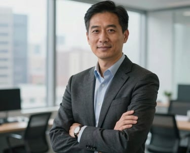 A professional portrait of an expert consultant in a clean, modern North American office with a soft-focus background of city windows.