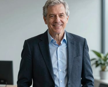 A professional portrait of a senior consultant in a minimalist, light grey office setting in North America.
