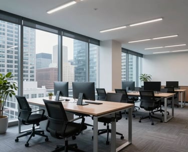 A professional photograph of a modern co-working space in a major North American city, featuring light grey and professional blue tones.