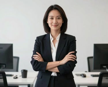 A professional portrait of a growth strategist in a minimalist North American office with a clean black and white background.