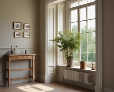 A bright, freshly painted living room with soft green accent walls and clean white trim.