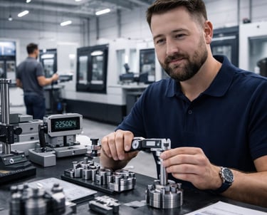 Precision engineer using a digital caliper for quality control inspection of CNC machined parts.
