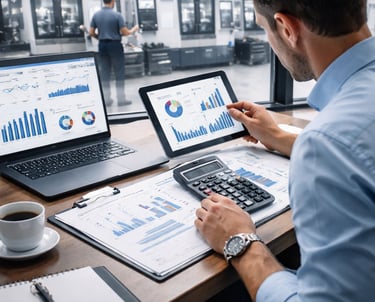 A production manager analyzes manufacturing data analytics on a tablet and laptop in a modern factory setting.