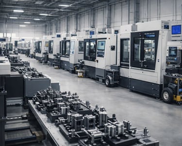 Precision CNC milling machines in a modern industrial manufacturing facility with metal parts.