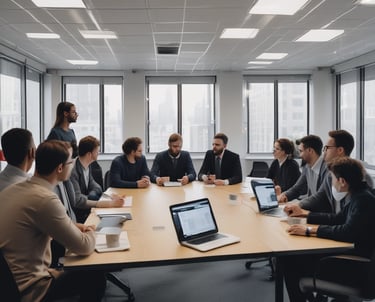 Team collaborating around a table with digital devices showing project plans.