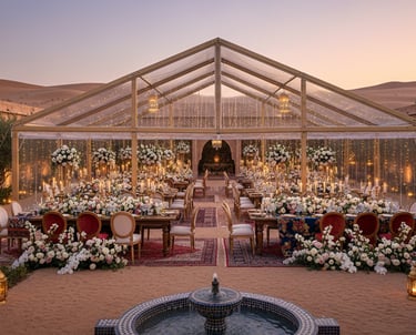 Elegant outdoor wedding reception in a clear marquee tent set against desert sand dunes at sunset.
