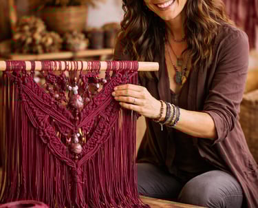 artesana mexicana tejiendo pieza de macramé color vino, creando diseño hecho a mano con materiales naturales y estilo bohemio