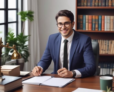 Close-up of hands typing a legal petition on a laptop with law books nearby.