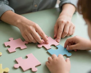 Close up of a pedagogist's and a child's hands working together on a colorful puzzle, soft green and soft pink color palette, Southern European / Italian setting.