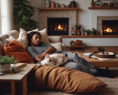A cozy writing nook with a journal, a steaming cup of tea, and soft natural light filtering through a window.
