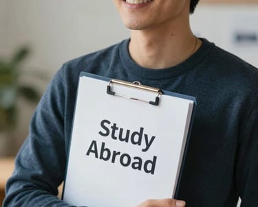 A professional portrait of a person smiling, holding a folder with 'Study Abroad' written on it, representing success in PTE/IELTS guidance. The lighting is bright and clean.