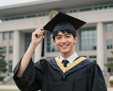 A happy student holding a graduation cap in front of a modern university building, symbolizing the successful completion of the student visa journey.