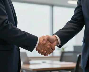 A professional in business attire shaking hands in a bright office, representing the successful acquisition of a work visa or skilled migration status.