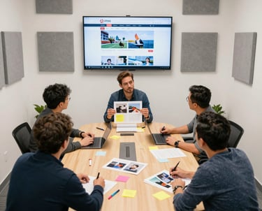 A professional meeting in a modern office where team members discuss influencer profiles and campaign plans.