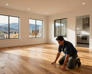 A skilled technician installing new flooring in a cozy living room.