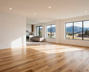 Close-up of a beautifully finished hardwood floor in a cozy living room.