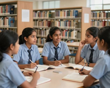 A group of South Asian girls in school uniforms engaged in an animated academic discussion in a bright, modern school library filled with books.