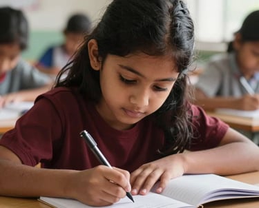 A close-up photograph of a South Asian girl's hands neatly writing in a notebook during a lesson, with a focused and studious atmosphere. Natural light falls across the desk.