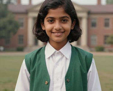 A vintage-style portrait of a South Asian girl in a traditional white school uniform with a green blazer, looking confident and smiling. The background is a soft-focus historic campus.