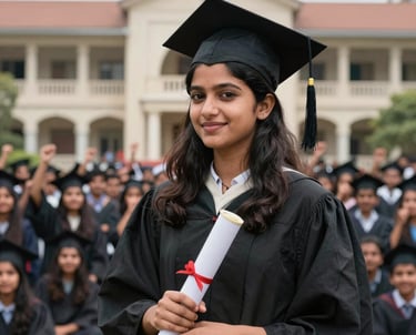 A candid shot of a South Asian female student graduating, holding a scroll, with a backdrop of a classic Pakistani school building and cheering classmates.