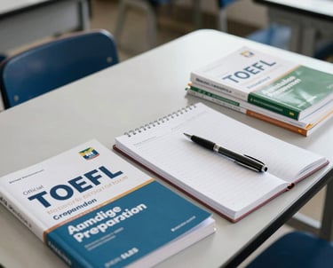 Official TOEFL and Cambridge preparation guides with an open notebook and a pen, organized on a study table in a bright South American / Brazilian classroom.