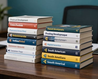 A collection of professional development and management books stacked neatly on a designer desk, South American / Brazilian office style, with a teal accent wall.
