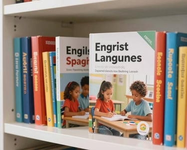 Vibrant language textbooks for English and Spanish learning, displayed on a clean white shelf, modern South American / Brazilian educational style.