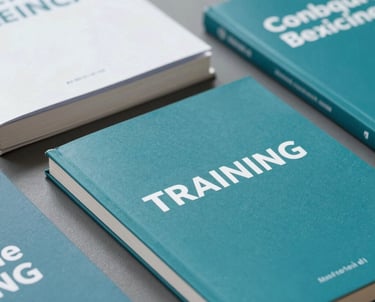 A set of corporate training manuals and leadership books in a professional Brazilian business setting, featuring clean typography and teal colors.