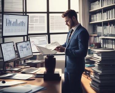 Close-up of hands calculating taxes with financial charts on a laptop screen.