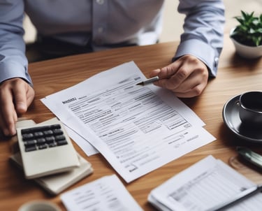 Professional accountant reviewing financial documents in a modern office.
