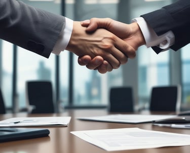 two people shaking hands in a meeting room