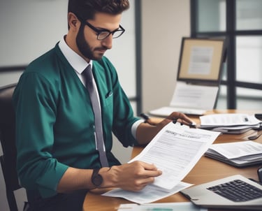 Professional consultant explaining tax documents to a client in a modern office.