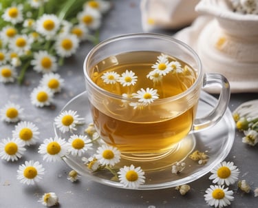 Close-up of fresh chamomile and lemongrass leaves gently resting on rustic wooden table