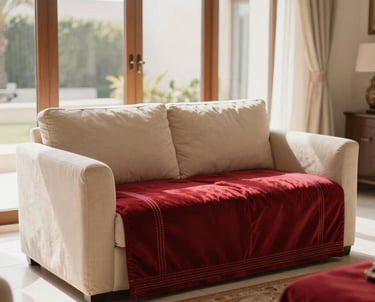 Warm editorial photography of a completed luxury custom Majlis seating arrangement inside a sunlit Dubai villa, rich crimson textiles, detailed stitching, soft natural window light, shallow depth of field, 35mm