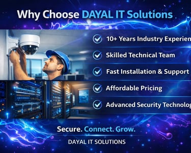 Professional technician installing a CCTV security camera and server room equipment by Dayal IT Solutions.
