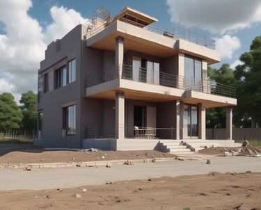 Construction site with workers and heavy machinery preparing foundation.