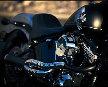 Custom black Harley-Davidson motorcycle featuring a skull graphic on the gas tank and chrome engine details.