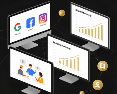 A local business owner happily engaging with customers on social media.