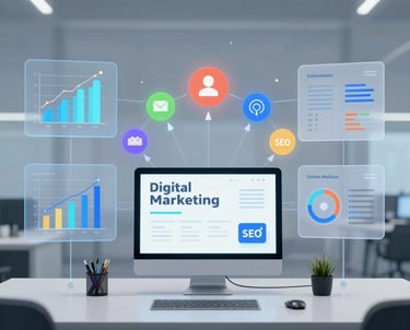 A team collaborating over digital marketing plans in a modern office with blue accent lighting.