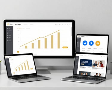 A team collaborating over digital marketing plans in a modern office with blue accent lighting.