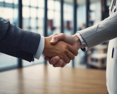 Handshake between two travel professionals against a backdrop of local landmarks and hotel buildings.